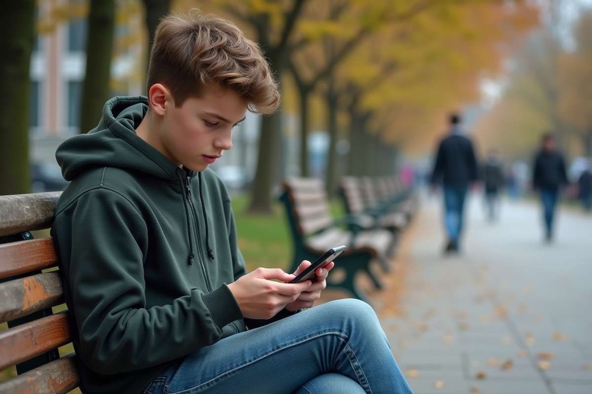 Adolescent assis sur un banc de parc en ville avec son téléphone