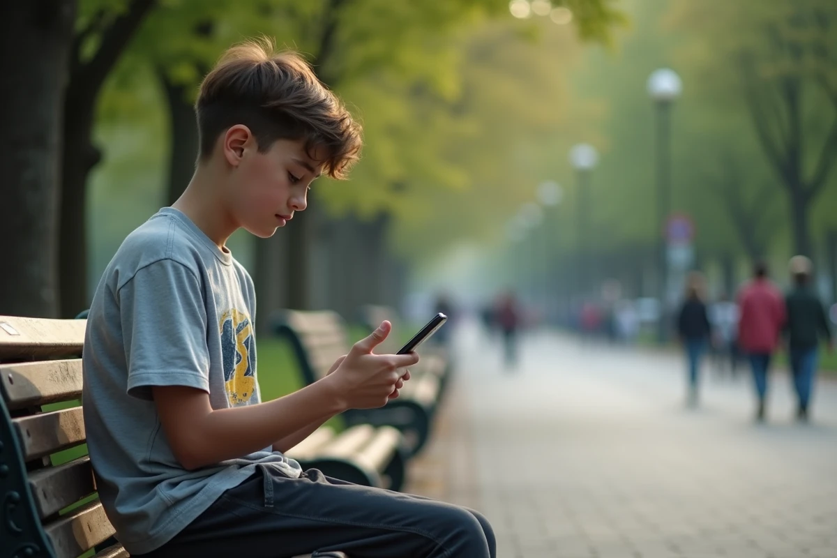 Adolescent seul sur un banc de parc avec son téléphone