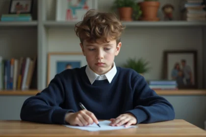 Jeune garçon assis à son bureau avec une note d'absence