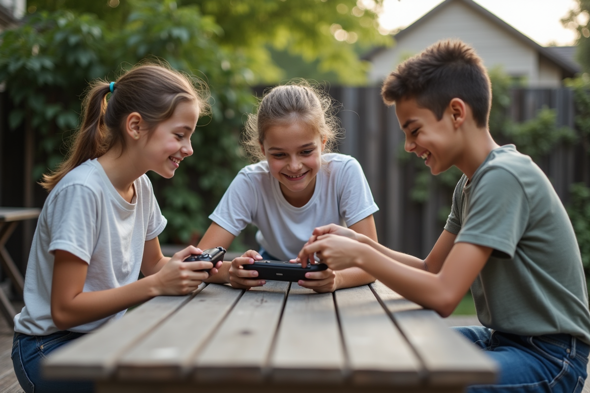 Jeunes adolescents discutant autour d une console portable
