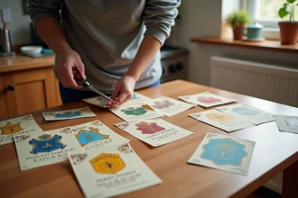 Affiches Harry Potter imprimées sur une table en bois pour préparer un anniversaire enfant