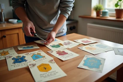 Affiches Harry Potter imprimées sur une table en bois pour préparer un anniversaire enfant