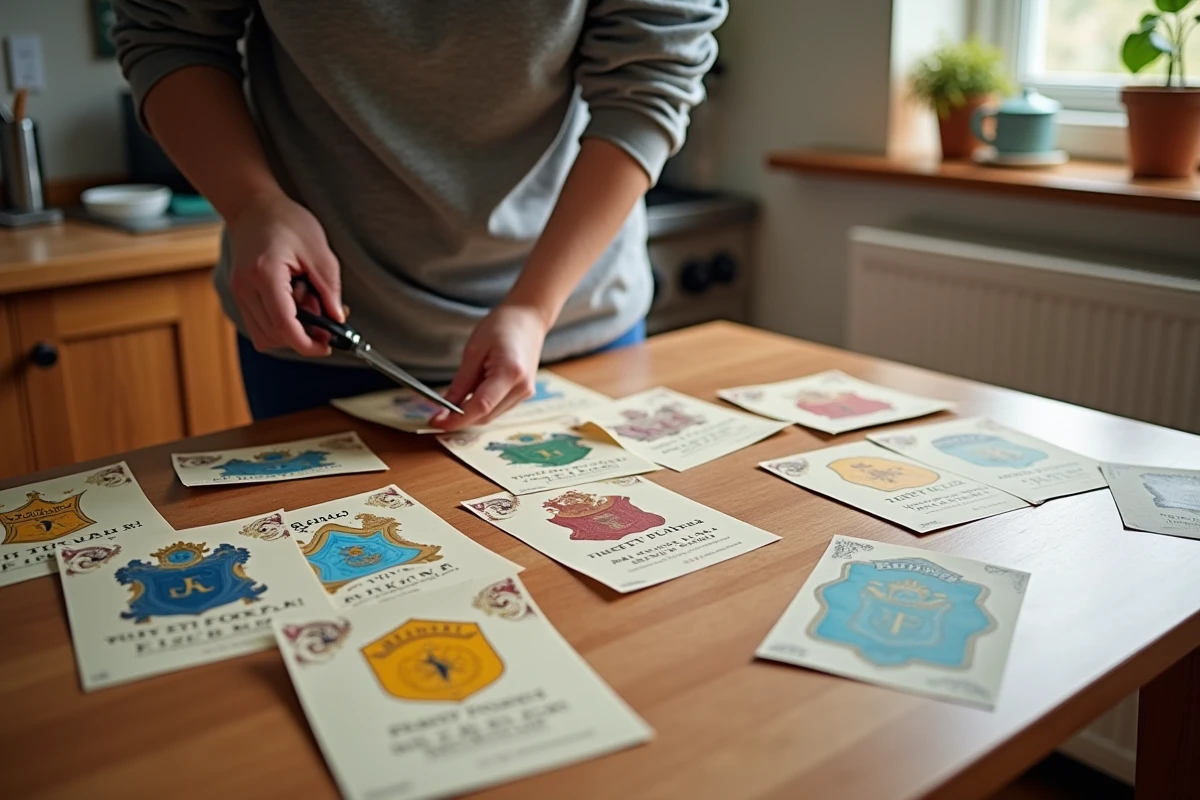 Affiches Harry Potter imprimées sur une table en bois pour préparer un anniversaire enfant