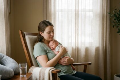 Jeune mère allaitant son nouveau-né après un accouchement difficile, assise dans un rocking-chair dans une chambre postpartum chaleureuse