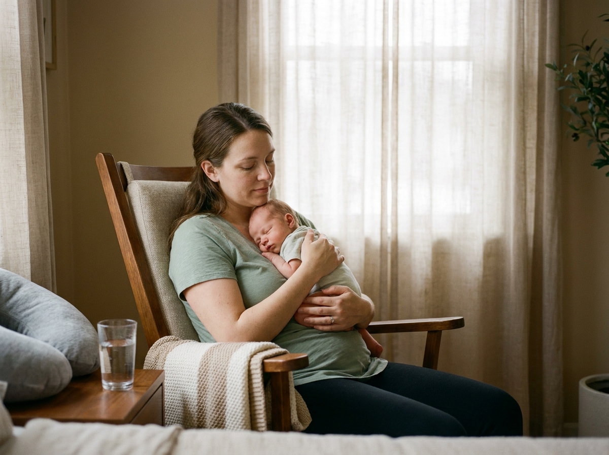 Jeune mère allaitant son nouveau-né après un accouchement difficile, assise dans un rocking-chair dans une chambre postpartum chaleureuse