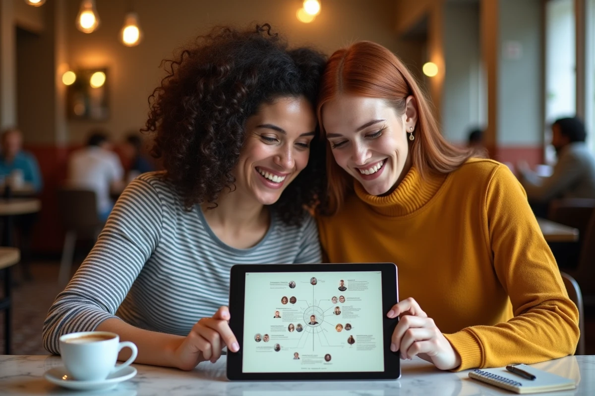 Deux amies découvrant ensemble leurs liens généalogiques et des cousins célèbres sur une application Albrad dans un café parisien