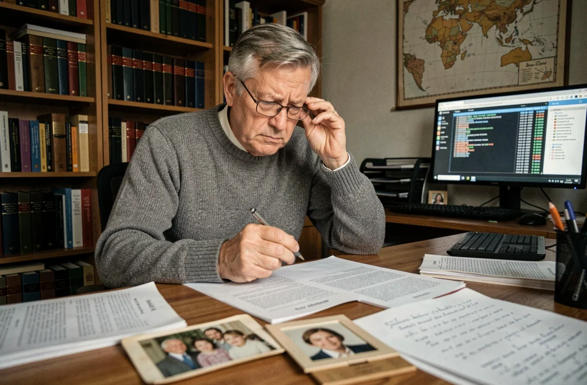 Homme analysant des pages Wikipedia imprimées et des photos de famille sur un bureau encombré, illustrant les rumeurs de parenté sur Jean Jacques Trogneux