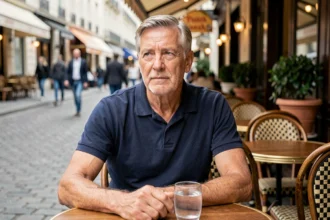 Portrait d'un ancien footballeur français célèbre assis à la terrasse d'un café parisien, pensif et détendu