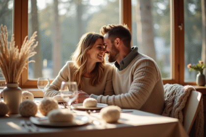 Couple célébrant anniversaire avec décorations en laine