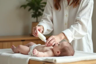 Mère appliquant un répulsif doux sur la peau sensible de son bébé atopique dans une chambre de bébé minimaliste