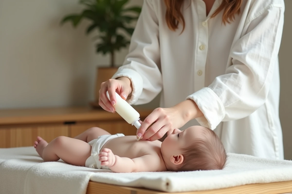 Mère appliquant un répulsif doux sur la peau sensible de son bébé atopique dans une chambre de bébé minimaliste