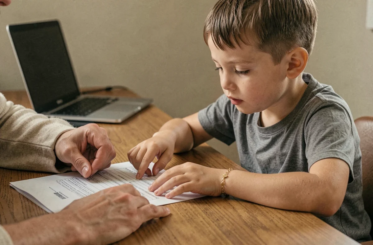 Parent et enfant consultant un contrat d'assurance pour une gourmette de valeur à la maison