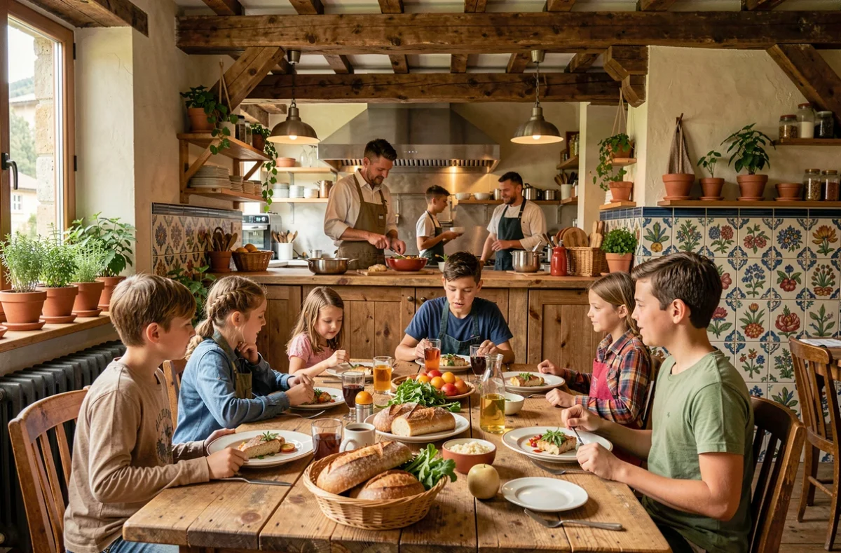 Famille attablée à L'Atelier Gourmand en Isère, restaurant familial avec cuisine ouverte et décor artisanal chaleureux