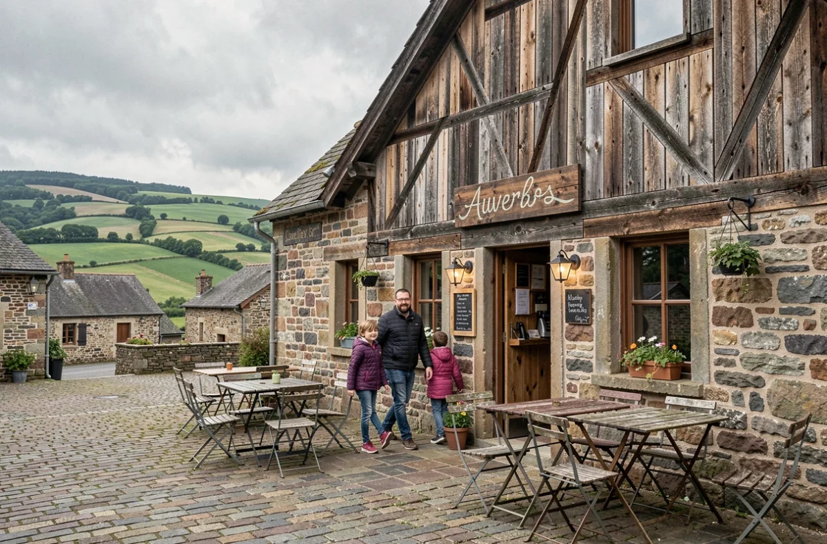 Famille arrivant en terrasse au Bar-Restaurant Le Rond Point, établissement convivial en Auvergne aux décors de pierre volcanique