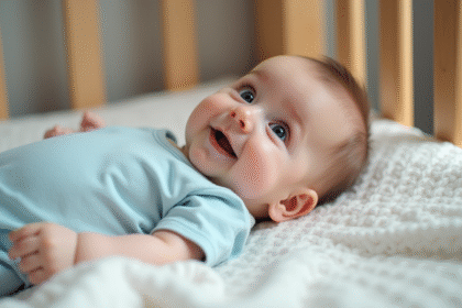 Bébé de trois mois allongé sur une couverture blanche