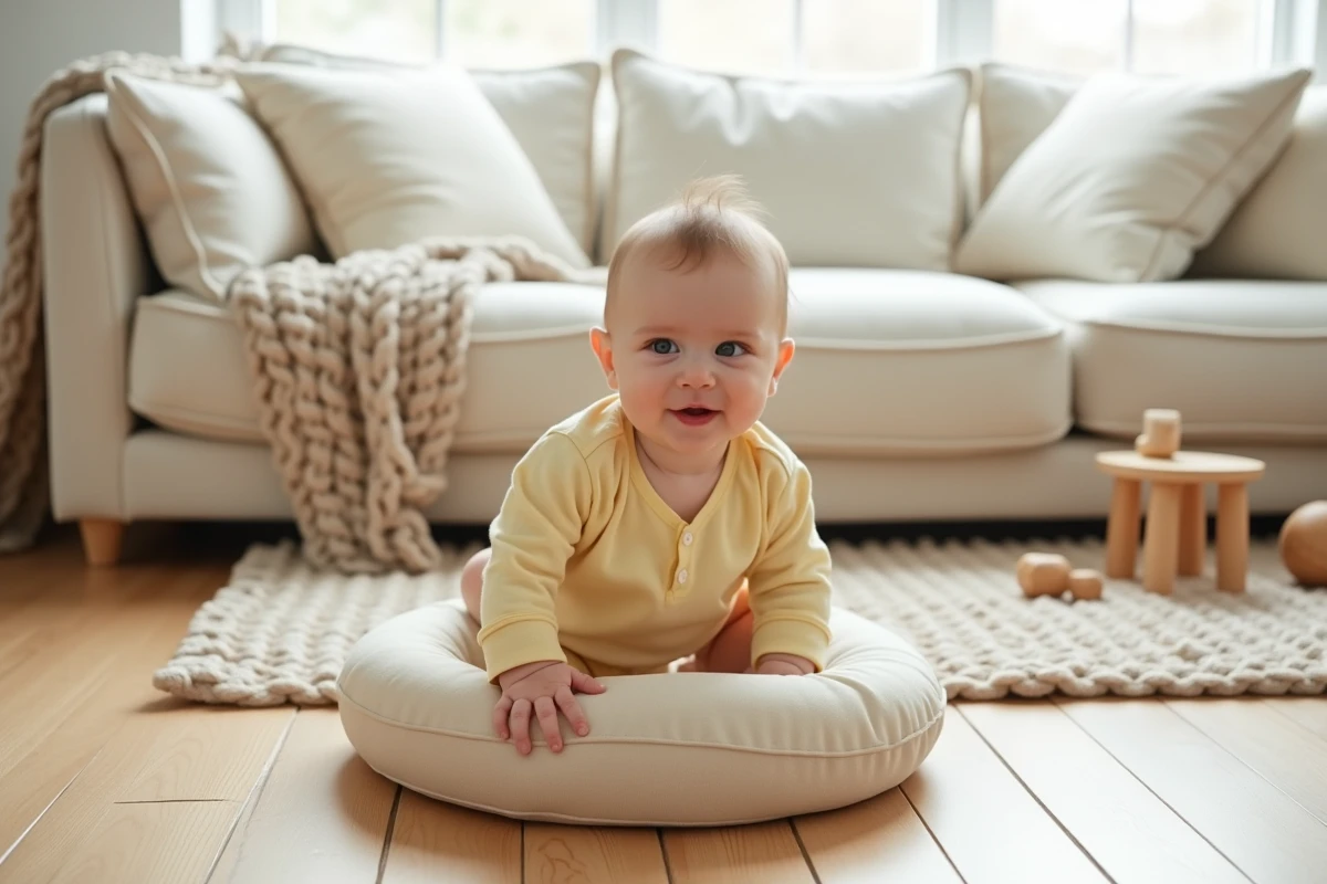 Bébé de 4 mois installé dans un coussin d'assise sur un parquet en chêne, posture légèrement penchée illustrant les limites du maintien assis précoce