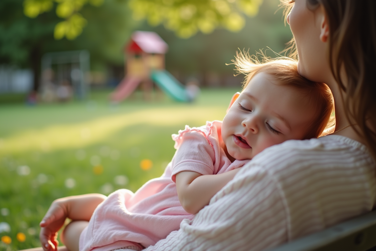 Bébé de trois mois dans les bras de sa mère sur un banc de parc