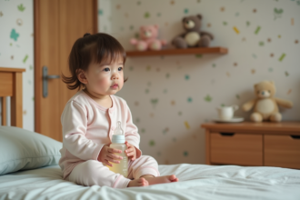 Petite fille en pyjama tenant un biberon dans un lit de nurserie chaleureuse