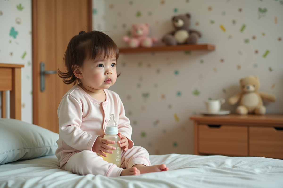 Petite fille en pyjama tenant un biberon dans un lit de nurserie chaleureuse