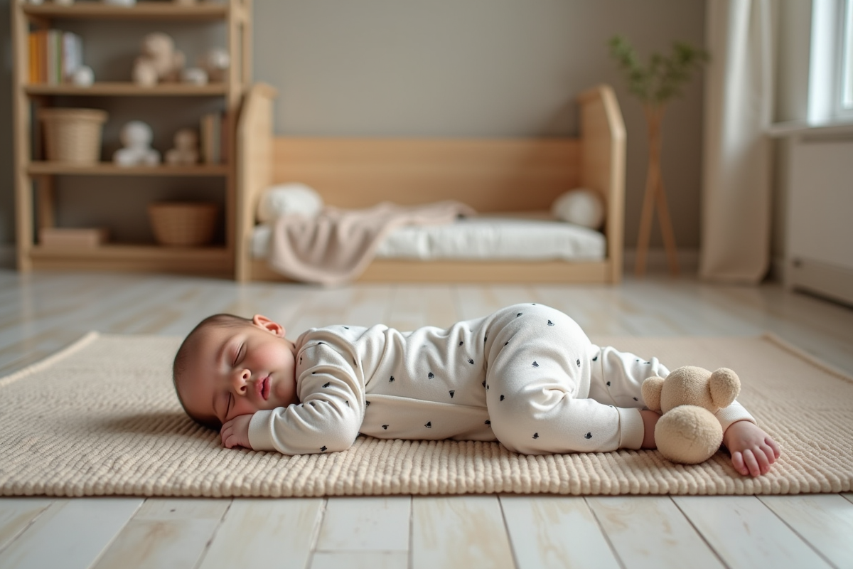 Bebe garcon endormi sur un tapis doux dans une chambre Montessori