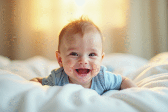 Bébé joyeux allongé sur une couverture blanche