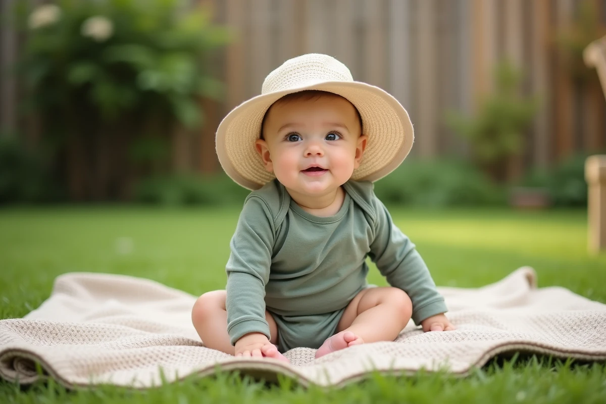 Bébé à peau atopique assis dans un jardin portant des vêtements protecteurs contre les moustiques en été