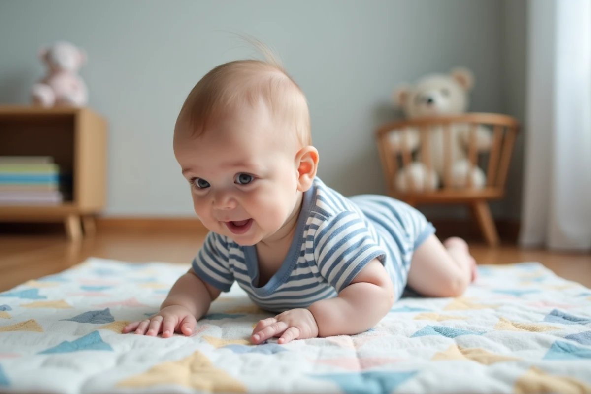Bébé de 6 mois en position de tummy time sur un tapis d'éveil, renforçant sa musculature dorsale avant l'acquisition de la position assise