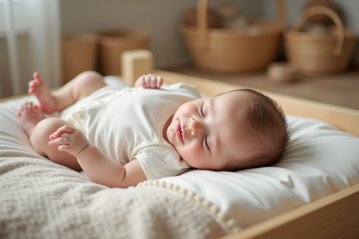 Bebe fille dormant paisiblement sur un lit Montessori en bois naturel