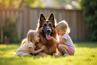 Chien berger allemand à long poil jouant avec des enfants dans un jardin ensoleille