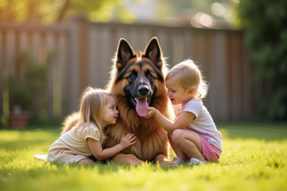 Chien berger allemand à long poil jouant avec des enfants dans un jardin ensoleille
