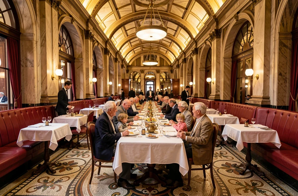 Famille réunie pour un repas à la Brasserie Georges, grande brasserie historique au décor art déco emblématique de Lyon