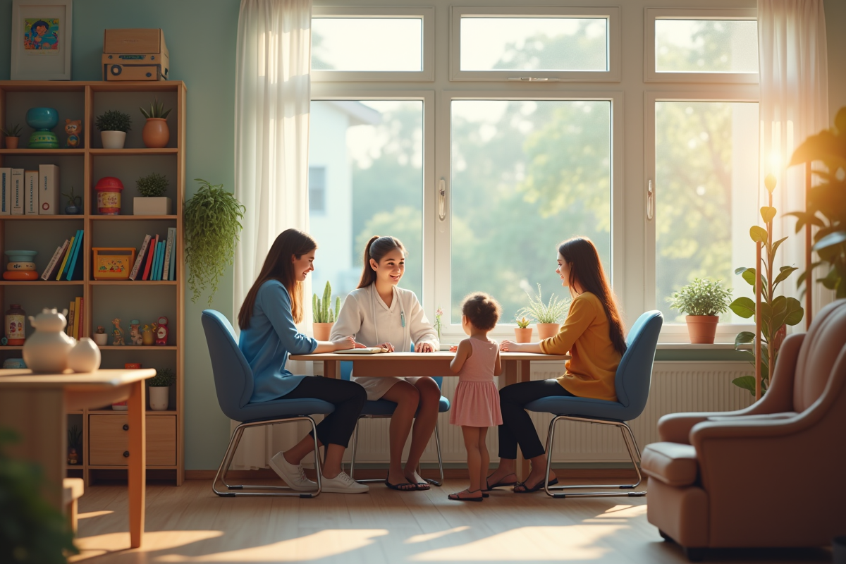 Travailleurs sociaux accueillants discutant avec une famille dans un bureau