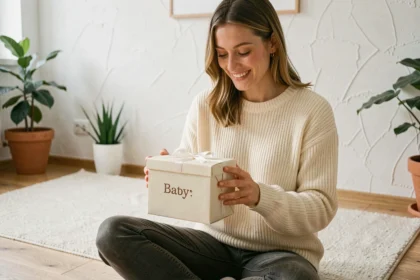 Jeune femme tenant un cadeau personnalisé naissance dans un salon scandinave chaleureux