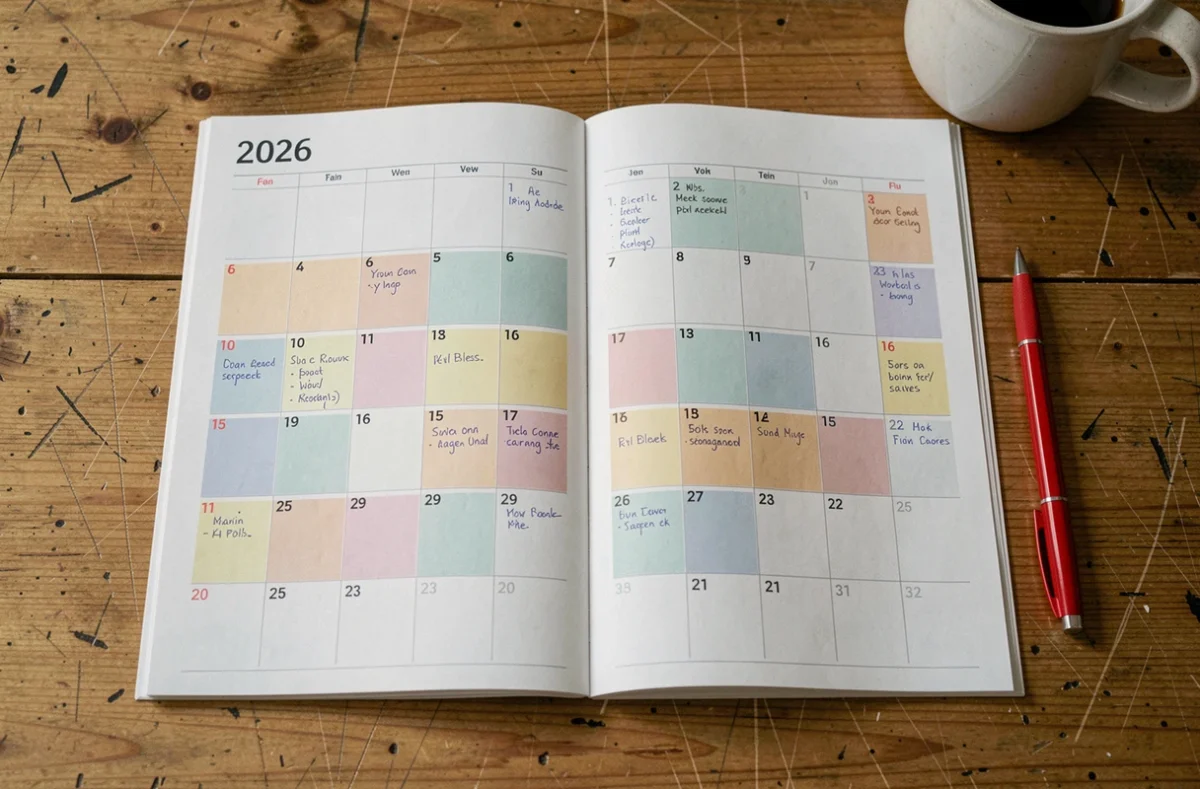 Calendrier 2026 avec semaines paires et impaires annotées posé sur une table en bois avec un stylo rouge