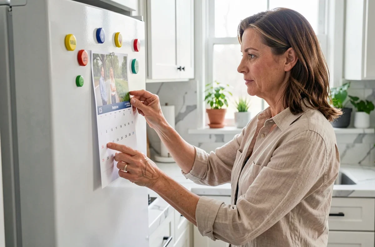 Femme collant un calendrier semaines paires et impaires 2026 sur le réfrigérateur de sa cuisine