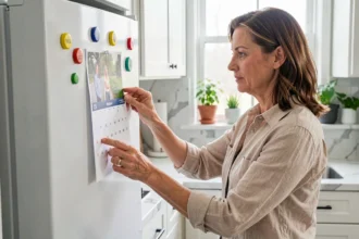 Femme collant un calendrier semaines paires et impaires 2026 sur le réfrigérateur de sa cuisine
