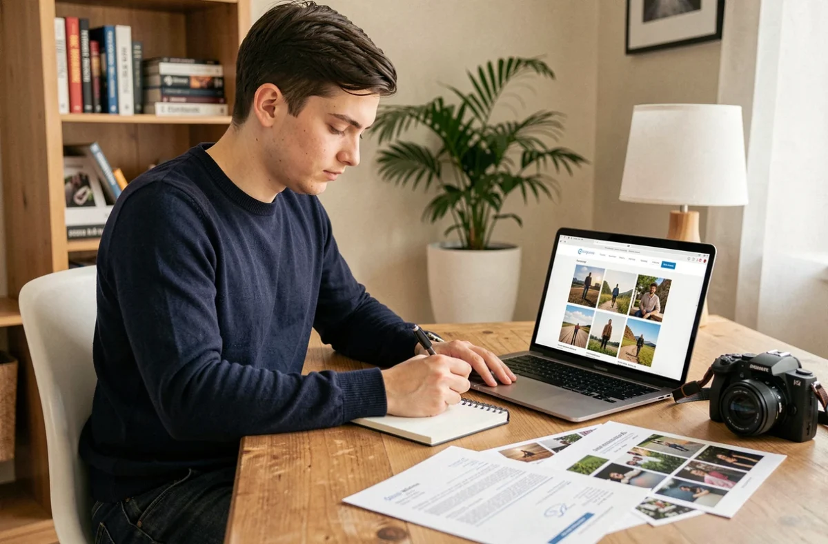 Jeune homme préparant sa candidature pour un stage en photographie depuis son bureau
