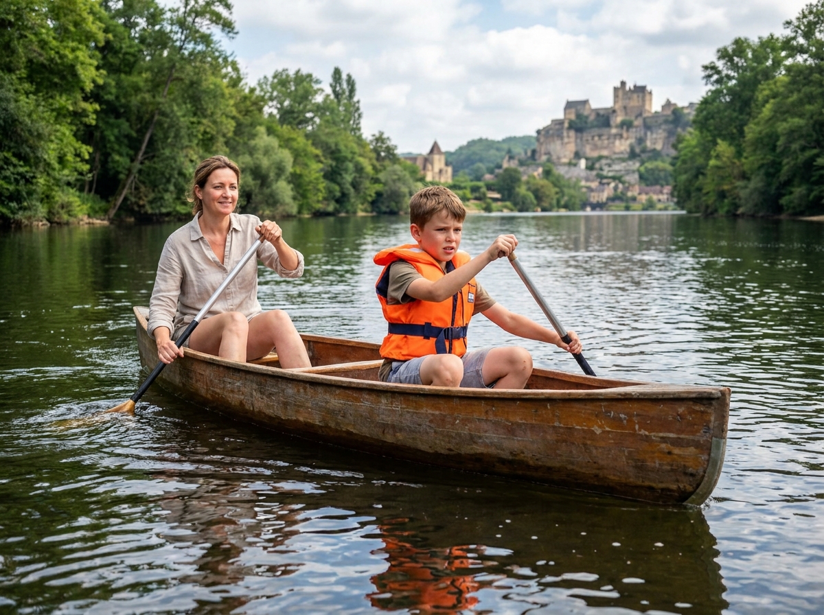 Mère et fils en canoë sur la Dordogne avec château médiéval en arrière-plan