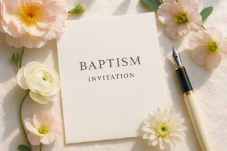 Invitation de bapteme délicate sur papier texturé blanc