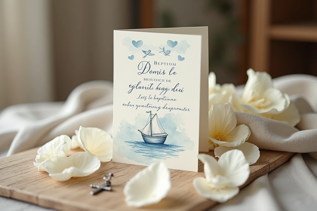 Carte de baptême pour garçon avec calligraphie élégante et illustrations aquarelle bleues posée sur une table en bois