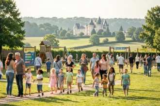 Familles profitant d'un centre de loisirs en plein air dans la région Centre-Val de Loire avec paysages verdoyants et châteaux en arrière-plan