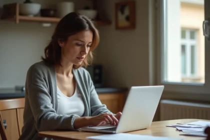 Femme remplissant un formulaire de changement d'adresse CAF sur un ordinateur portable dans sa cuisine