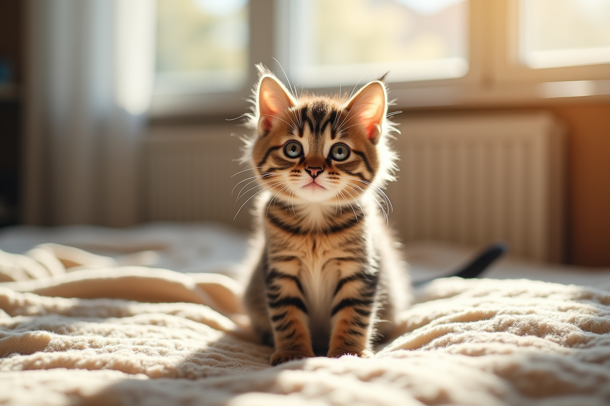 Chaton tabby assis sur une couverture beige dans un salon lumineux