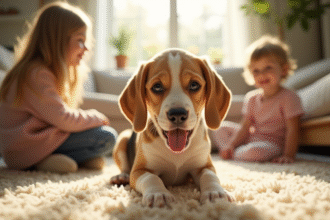 Chien Beagle Lemon jouant avec des enfants dans un salon lumineux