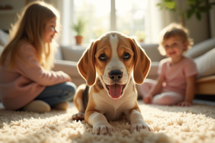 Chien Beagle Lemon jouant avec des enfants dans un salon lumineux
