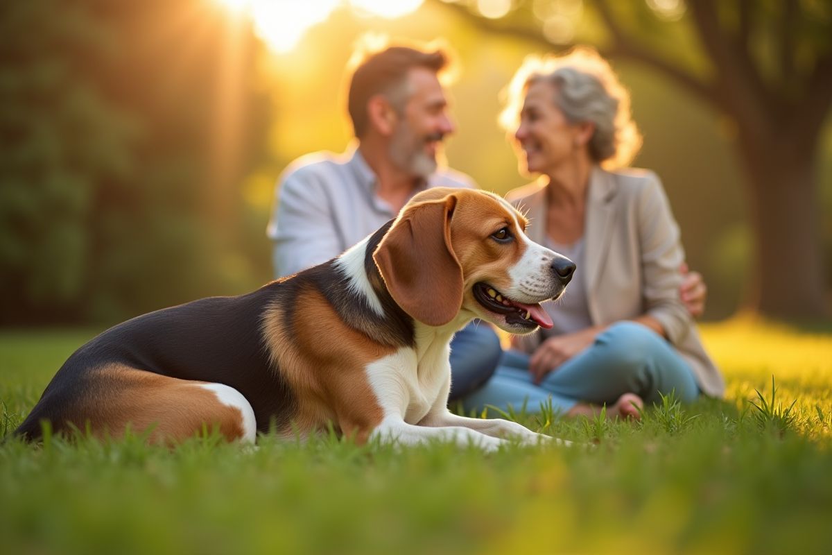Chien Beagle Lemon reposant sur la pelouse avec un couple âgé
