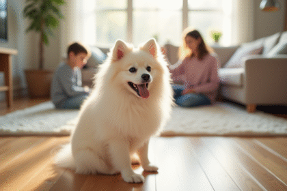 Chien pomeranian blanc assis dans un salon lumineux