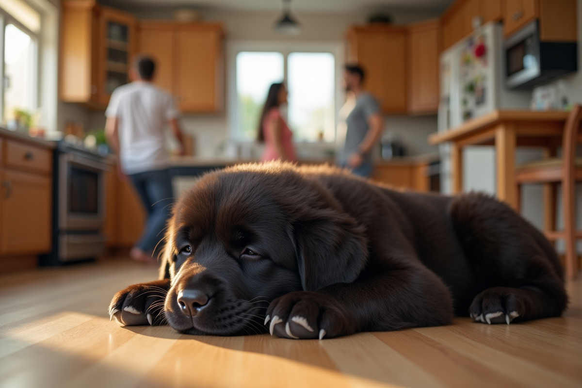 Chiot Newfoundland dormant dans une cuisine familiale animée