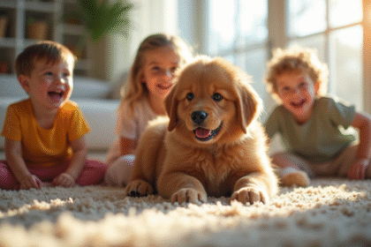 Chiot Newfoundland jouant avec des enfants dans un salon lumineux