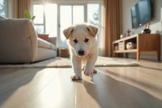 Chiot berger belge blanc dans un salon moderne lumineux